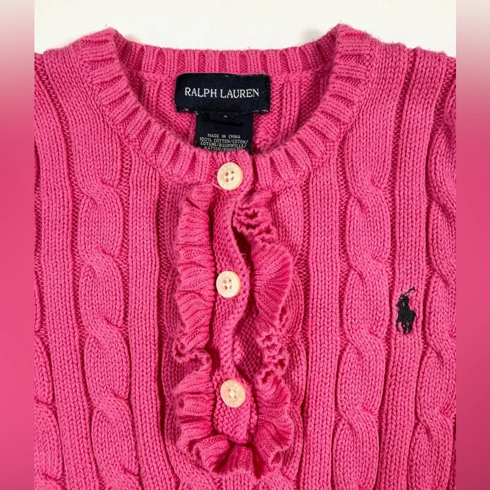 RALPH LAUREN Girls Cable Knit Sweater Ruffle‎ Button Front Size 4 Preppy Classic